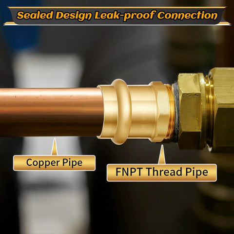 Close-up of Eight Piece Three Quarter Inch Brass Press Fittings Set With Press To Male Thread MIP NPT Adapters For copper pipe connections