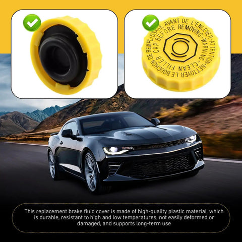 Beefed Up Brake Fluid Cap Replacement For Master Cylinder Reservoir Cap OEM 68211910AB 68303540AA Direct Fit For Wrangler Cherokee Compass And Chrysler Pacifica Yellow, shown in detail with yellow finish and gasket view