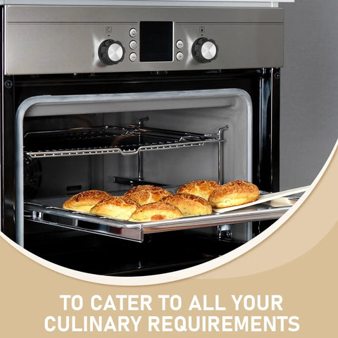 Open oven with fresh bread on tray, showcasing oven control panel with universal knob replacements for precise cooking time control.