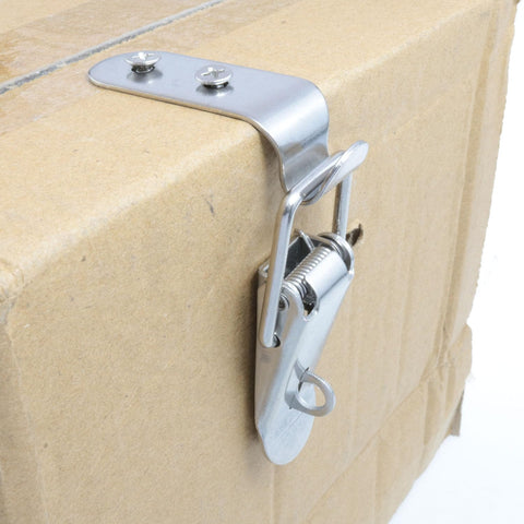 Heavy Duty Beefy 304 Stainless Steel 90 Degree Latch Kit mounted on a cardboard box for tool boxes cabinets trunks and trailers