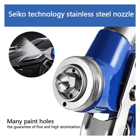 Pro Level Pneumatic Paint Spray Gun With One Millimeter Nozzle spitting even mist, stainless steel nozzle close-up.