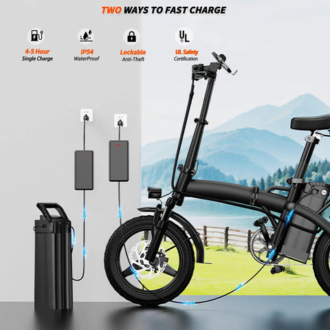 Compact Foldable 14 Inch Electric Bike For Adults With 500W Motor, 23 MPH Top Speed, 35 Mile Range, charging indoors