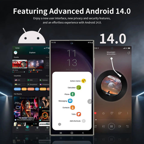 Crisp 6.8 Inch 5G Unlocked Android Cell Phone With S Pen 8GB Ram 512GB Storage Smartphone showing features of Android 14.0 interface.