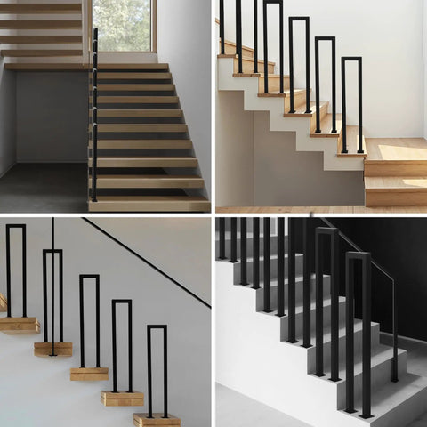 Tough As Nails Vertical U Shaped Stair Handrail With Slick Matte Black Finish forged from heavy duty square iron, shown at various angles.