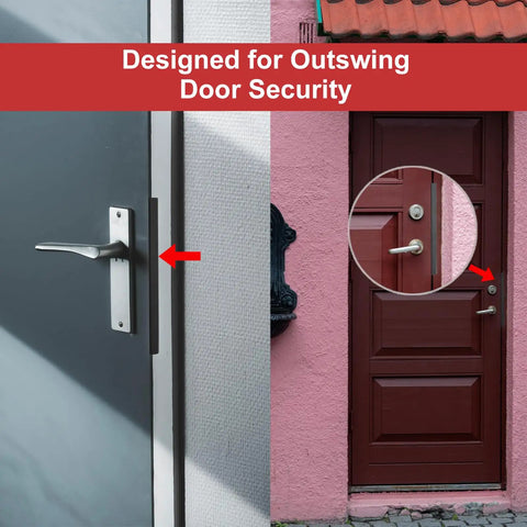 Heavy Duty 7 Inch Outswing Door Latch Guard Plate Matte Black Stainless Steel Security Shield on door frame, enhancing security.