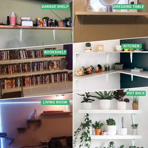 Dope Heavy Duty 10 Inch Shelf Brackets Set Of 20 White Metal Adjustable Floating Shelf Brackets used in various interior settings.