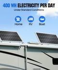 1.6KWh Daily RV Solar Kit With 400W Panels, 40A MPPT Controller, 12V 100Ah Lithium Battery, Inverter, And Bluetooth Module on RV roof
