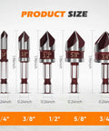 Five-piece countersink drill bit set (1/4, 3/8, 1/2, 5/8, 3/4 in) with quick-change hex shanks, HSS, Amazon.