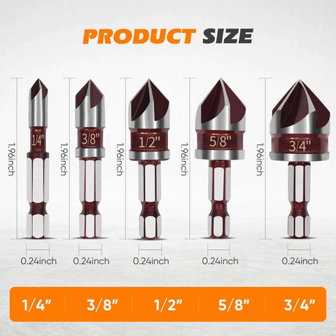 Five-piece countersink drill bit set (1/4, 3/8, 1/2, 5/8, 3/4 in) with quick-change hex shanks, HSS, Amazon.
