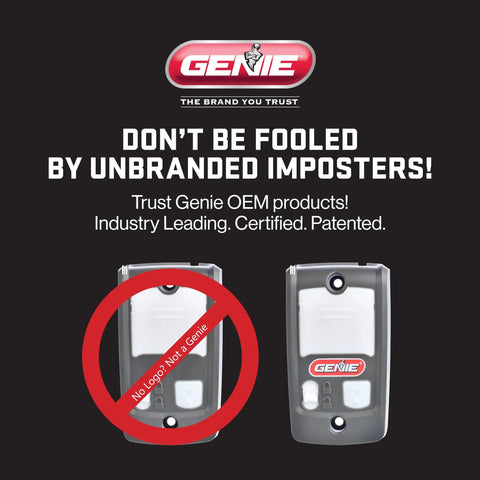 Comparison of genuine Genie remote with unbranded imposter, highlighting authenticity with a red circle around the fake product.