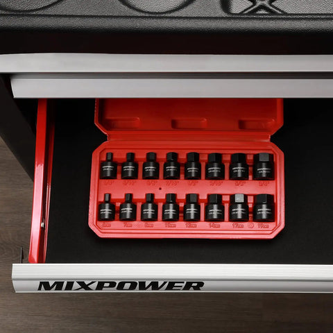 Open toolbox drawer with Three Eighth Inch Drive Low Profile Impact Hex Driver Set 16 Piece SAE And Metric Hex Bits CR-MO Steel