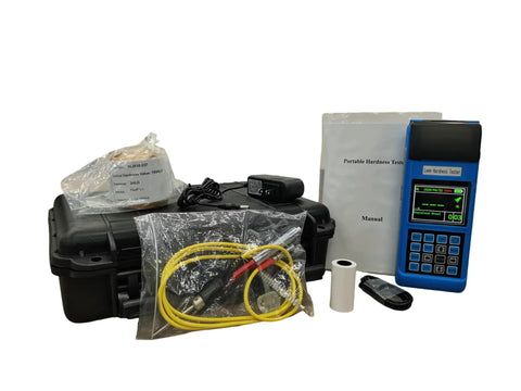 Super Handy Portable Handheld Metal Hardness Tester With Industrial DL Probe For Rebound Testing On Forged Steel And Other Metals At Any Angle Featuring Large Color Screen Display And Direct Print Function, complete kit with cables and manual.