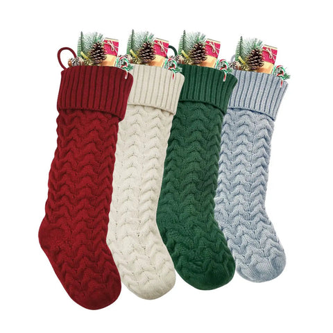 Cozy Knitted Christmas Stocking Gift Bags for candy treats and small gifts with pinecones and candy canes.