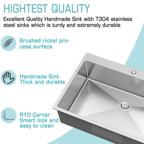 33x22 Drop In Kitchen Sink With 18 Gauge T304 Stainless Steel Top Mount Single Bowl 9 Inch Deep Basin in brushed nickel