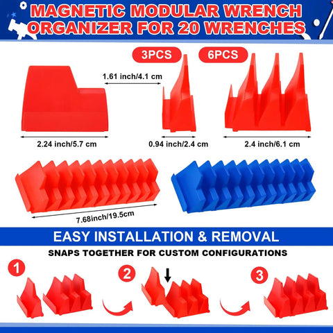 Red and blue Magnetic Socket And Wrench Organizer Set For Tool Box Drawer, Six Magnetic Racks Hold Twenty Wrenches And Sockets