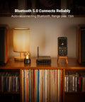 BT30D Pro Two Point One Channel Bluetooth Subwoofer Amplifier with TPA3255 chips on a wooden shelf with speakers.