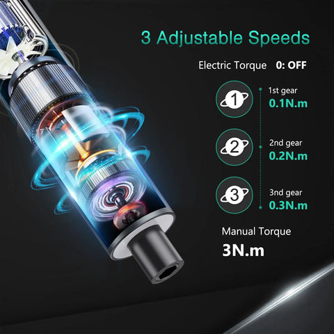 Close-up of Mini Electric Screwdriver Kit With 62 In 1 Precision Bits showing internal components and adjustable speed settings.