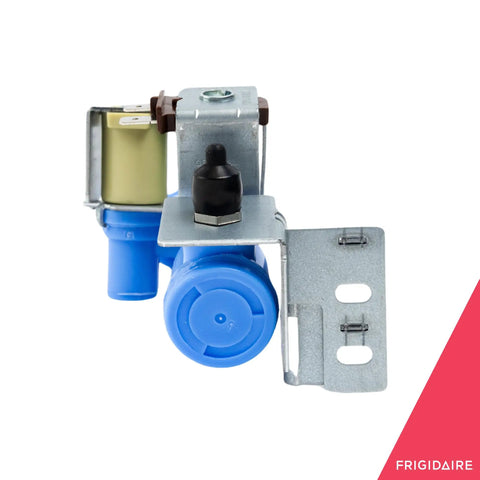Water Inlet Valve 242252702 For Refrigerators Replacement front view with attached metal bracket and blue fittings.