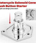 Chrome Bolt-On Starter Push Button Solenoid Cover For Harley Evo Twin Cam And Most 1.2/1.4 kW Aftermarket Starters, Easy Backup Start System For Quick, Smooth Cranks. chrome aluminum push button solenoid cover with bolt-on base and press-down button