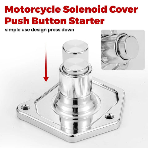 Chrome Bolt-On Starter Push Button Solenoid Cover For Harley Evo Twin Cam And Most 1.2/1.4 kW Aftermarket Starters, Easy Backup Start System For Quick, Smooth Cranks. chrome aluminum push button solenoid cover with bolt-on base and press-down button