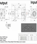 Technical drawing of a high torque planetary gearbox reducer with 100 to 1 gear ratio for 80mm servo motor 19mm input shaft