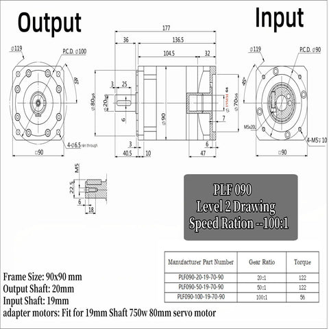 Technical drawing of a high torque planetary gearbox reducer with 100 to 1 gear ratio for 80mm servo motor 19mm input shaft