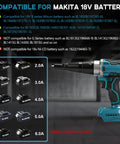 Daspom Brushless Cordless Rivet Gun Compatible With Makita 18V Battery for Aluminum and Steel Pop Rivets, shown with battery compatibility list.