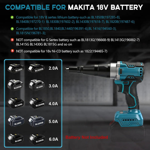 Daspom Brushless Cordless Rivet Gun Compatible With Makita 18V Battery for Aluminum and Steel Pop Rivets, shown with battery compatibility list.