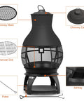 Diagram of Compact Wood Burning Chiminea Fire Pit for Outdoors, showing parts like chimney cap, mesh, charcoal grid, and ashtray.