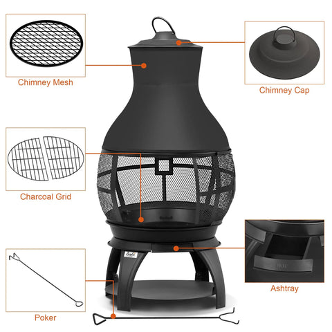 Diagram of Compact Wood Burning Chiminea Fire Pit for Outdoors, showing parts like chimney cap, mesh, charcoal grid, and ashtray.