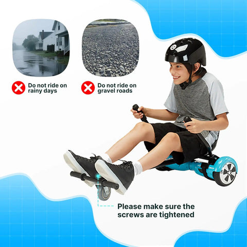 Child riding HoverflyKart Seat Attachment For 6.5 Inch To 10 Inch Self Balancing Scooters, Adjustable Frame Length And Handlebar Control