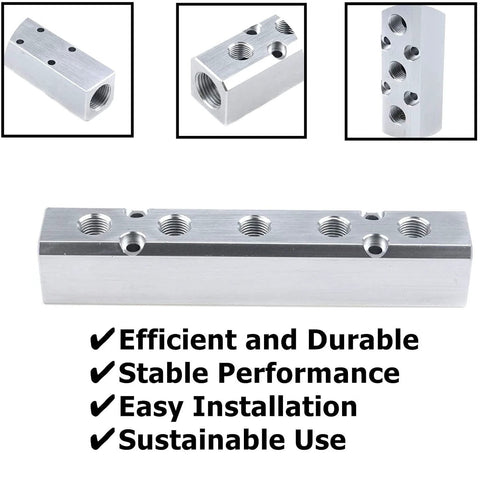 2-way aluminum pneumatic manifold block with G1/2 inlet and G1/4 outlets; shown in front, side, and end views (Amazon brand).