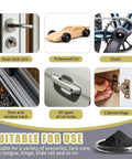 Dry Graphite Lubricant Powder For Pinewood Derby Axles And Wheels With Precision Tip Nozzle Non Oily Lube For Faster Runs Slick Spins And Less Friction On Wood Cars shown with various uses like door lock, pinewood car, and chain.