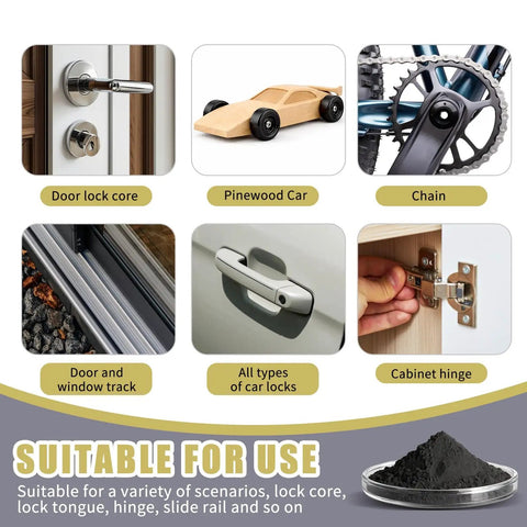 Dry Graphite Lubricant Powder For Pinewood Derby Axles And Wheels With Precision Tip Nozzle Non Oily Lube For Faster Runs Slick Spins And Less Friction On Wood Cars shown with various uses like door lock, pinewood car, and chain.