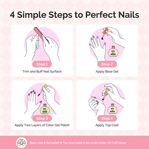 Gel Nail Polish Set Six Pink Nude Shades With Highly Pigmented Color Soak Off UV LED Formula In Tilt And Stand Bottle HEMA Free Plant Based Polish Valentine Pink Nude Gift Box Manicure Kit instructions.