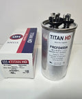 American-Made Pro Grade 45/5 MFD Round Dual Run Capacitor 440V in front of packaging
