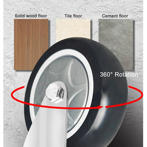 Heavy Duty Industrial Caster Wheels With Swivel And Brake For Easy Push And Smooth Roll Threaded Stem Mx Mount Double Locking Plate Caster Set showing 360-degree rotation and floor types.