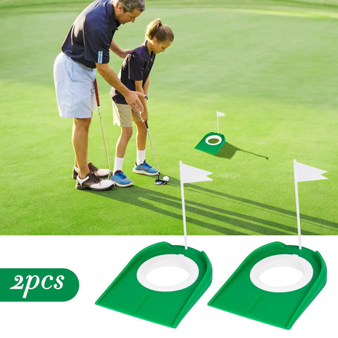 Parent and child using Two Pack Golf Putting Cup With Flag For Indoor Outdoor Practice, Putt Hole Training Aids For Kids And Adults