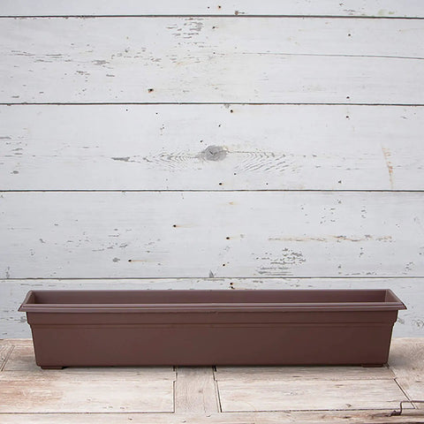Brown Countryside Flower Box Planter 36 Inch Big Ol Lightweight Fade Resistant Plastic Garden Container For Indoor Outdoor Use With Built In Feet And Removable Drainage Plugs Made In USA