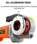 Close-up of Portable Electric Pipe Threader Kit With Super Workhorse 2000 Watt Motor featuring all-aluminum head for durability.