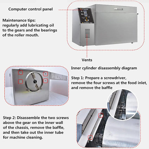 Zero Fuss Automatic Commercial Coffee And Nut Roaster With Digital Led Display and Reliable Thermostat showing maintenance steps and control panel.