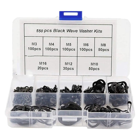 Heavy Duty Steel Ring Spring Washers Three Wave Gasket Kit 550 Pcs With M3 M4 M5 M6 M8 M10 M12 M16 Sizes in storage box