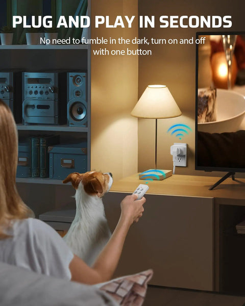 Person using remote to control Wireless Control Outlet For Holiday Decor No Fuss Plug And Play With Remote 2 Remotes And 5 Outlets