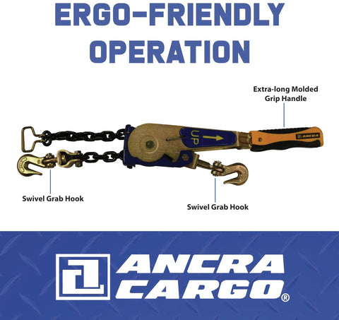 Beefy EZ Binder Ratcheting Chain Tensioner for 5/16 to 3/8 inch chains with extra long grip handle and swivel grab hooks