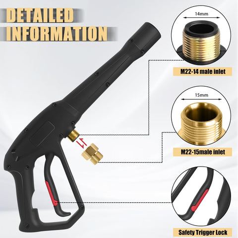 Pressure Washer Gun Replacement Kit With Jet Wand And Five Nozzles showing M22 inlets and safety trigger lock