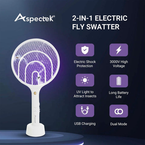 Electric Fly Zapper Racket Two Pack 3000V Rechargeable Bug Killer for Indoor and Outdoor Use with features and stand