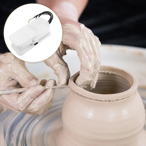 Replacement Foot Pedal For Pottery Wheel With Pro Grade Speed Control shown next to ceramic forming in progress.