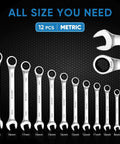Ratcheting Wrench Set With Slim Organizer Rack 12 Piece Metric Wrenches on black background showing sizes 8mm to 19mm