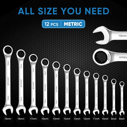 Ratcheting Wrench Set With Slim Organizer Rack 12 Piece Metric Wrenches on black background showing sizes 8mm to 19mm