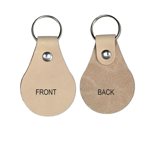 Fresh Veg Tan Leather Key Fobs In A Ten Pack With Pre Assembled Hardware showing front and back views of key fob.